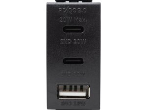 מטען 3 יציאות USB 2C+A PD 20W שחור מט 1 מודול ניסקו סוויץ'
